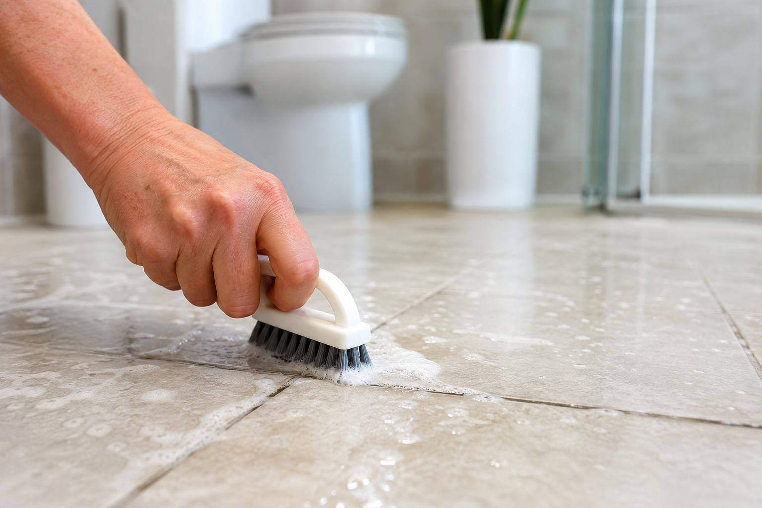 scrubbing bathroom grout with a stiff brush
