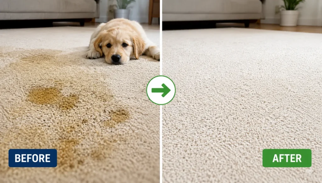 Before and After split image of carpet cleaning pet stain removal