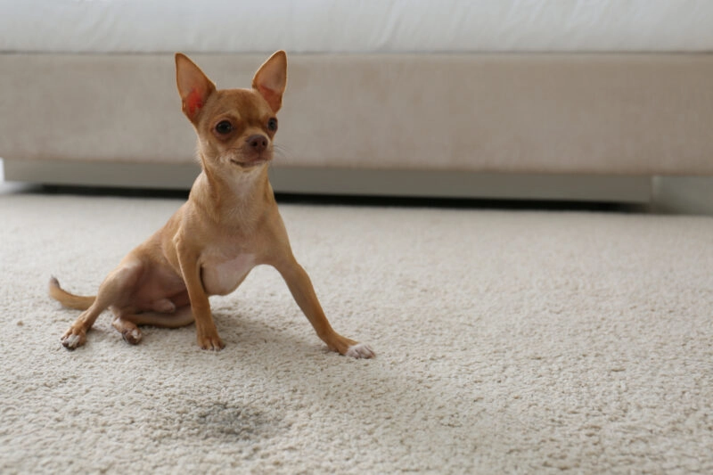 Small dog next to urine stain on carpet