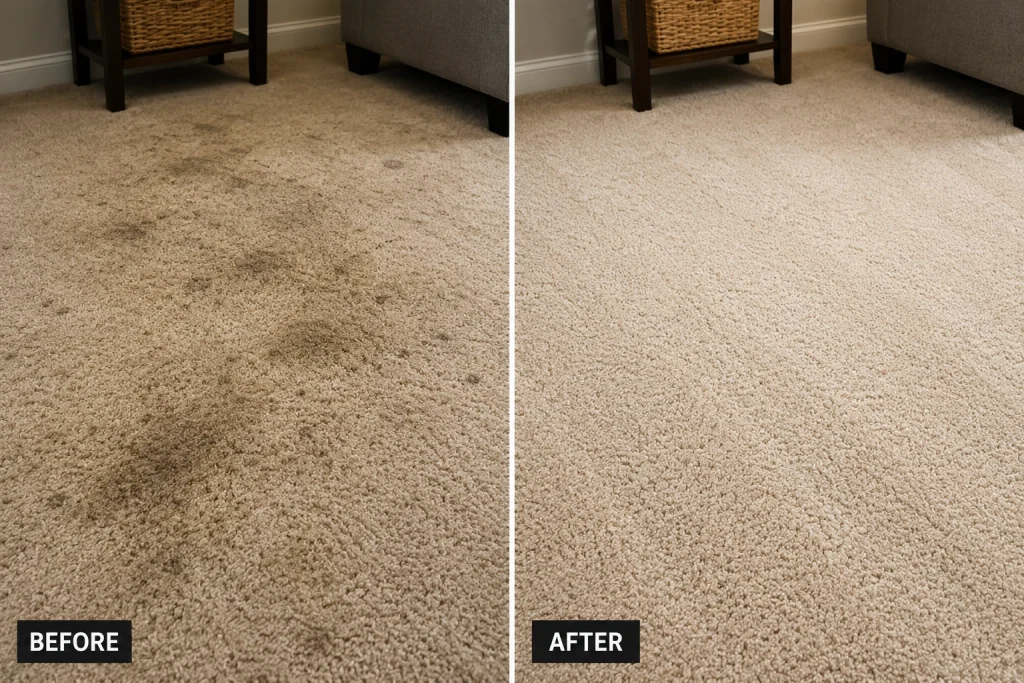 Split before-and-after dirty vs clean carpet