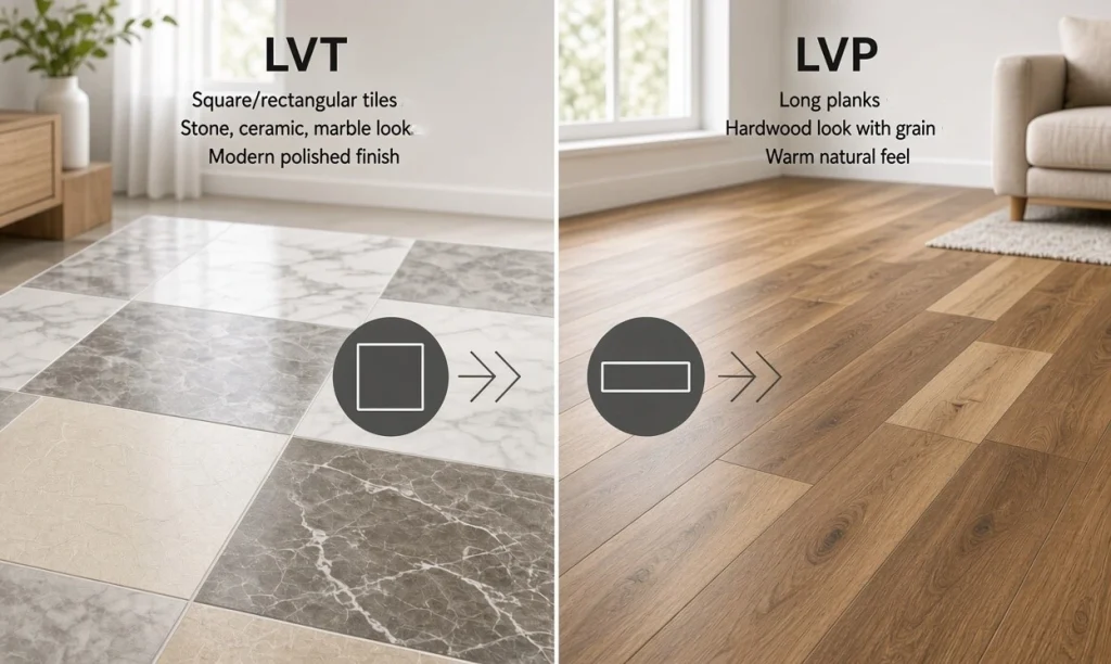 LVT tile flooring vs. LVP wood-look plank flooring