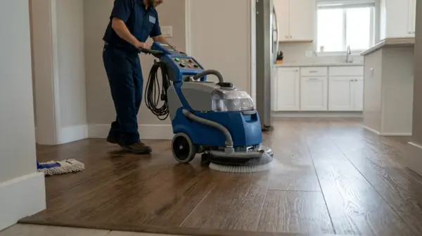 Professional vinyl floor cleaning in progress